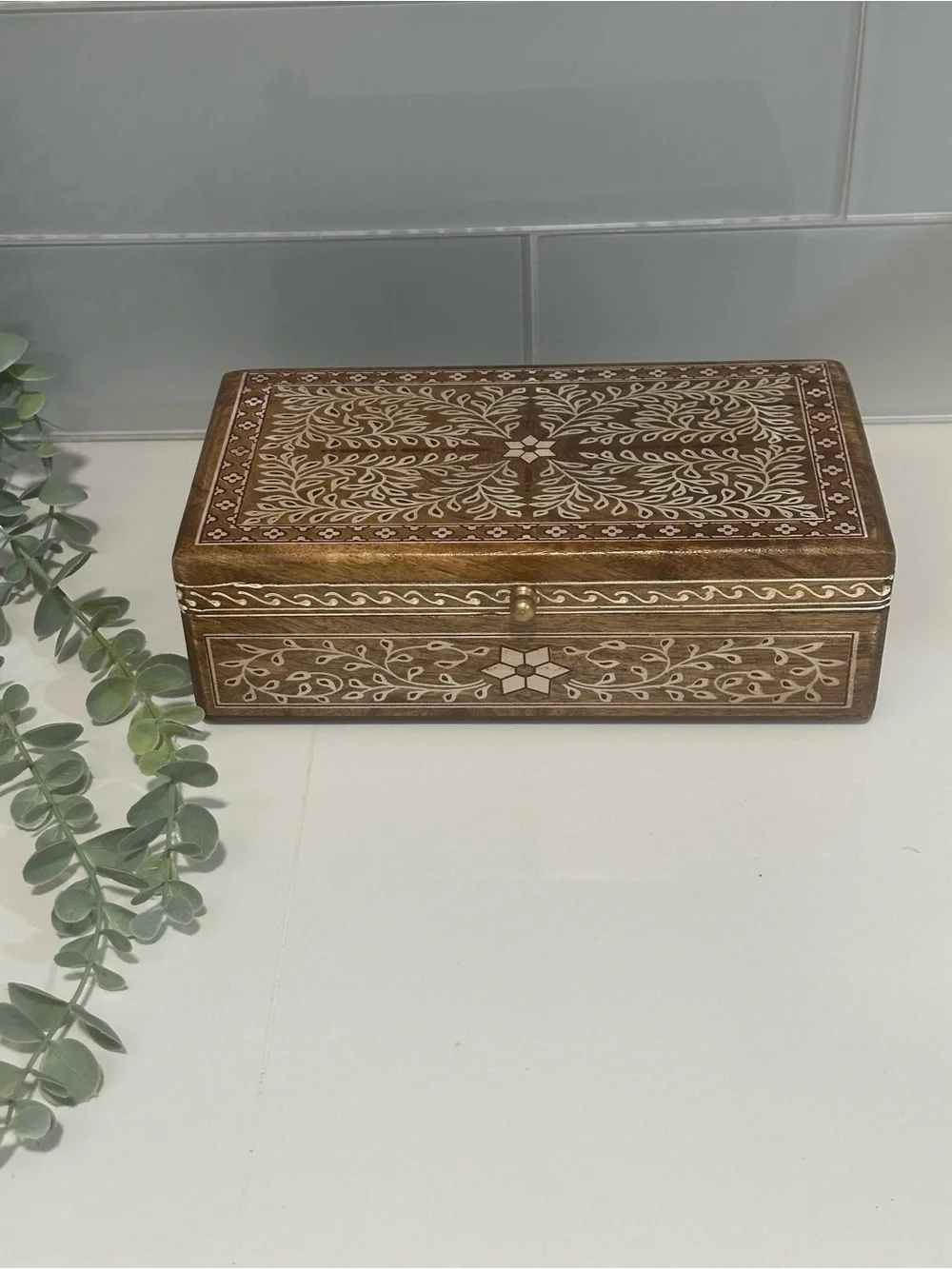 Brand New Elegant Design Handcrafted Vintage Wood Jewelry Box bone floral motifs